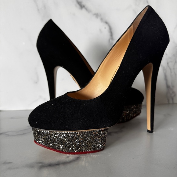 Charlotte Olympia Dolly Black Suede Swarovski Platform Heels Size EU 42 / US 12 - Picture 2 of 10